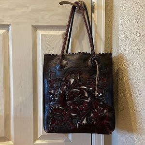 PATRICIA NASH | Cavo Tote tooled burgundy leather with silver backing. EUC!